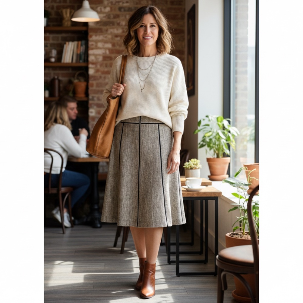 Marina Rinaldi Tweed A-Line Skirt Beige Back Size 25/16W Made In Italy